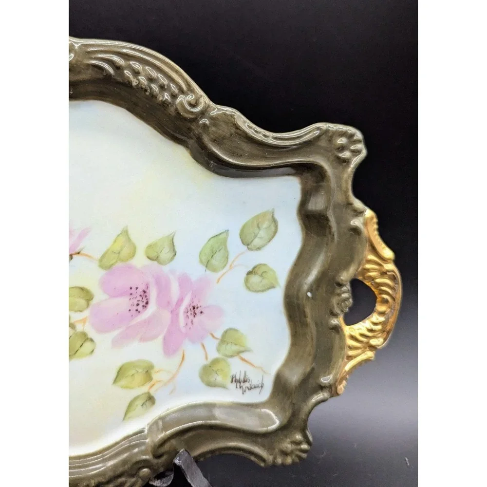 Vintage Hand Painted Porcelain Dresser Vanity Tray Hummingbird Flower 12.5